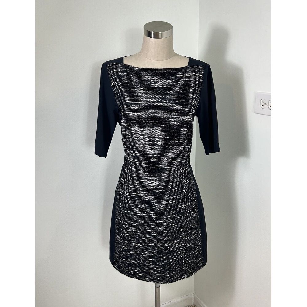 Tibi Womens Black Tweed Sheath Dress Short Sleeve Square Neck Lined Size 8 Fall - Picture 13 of 16